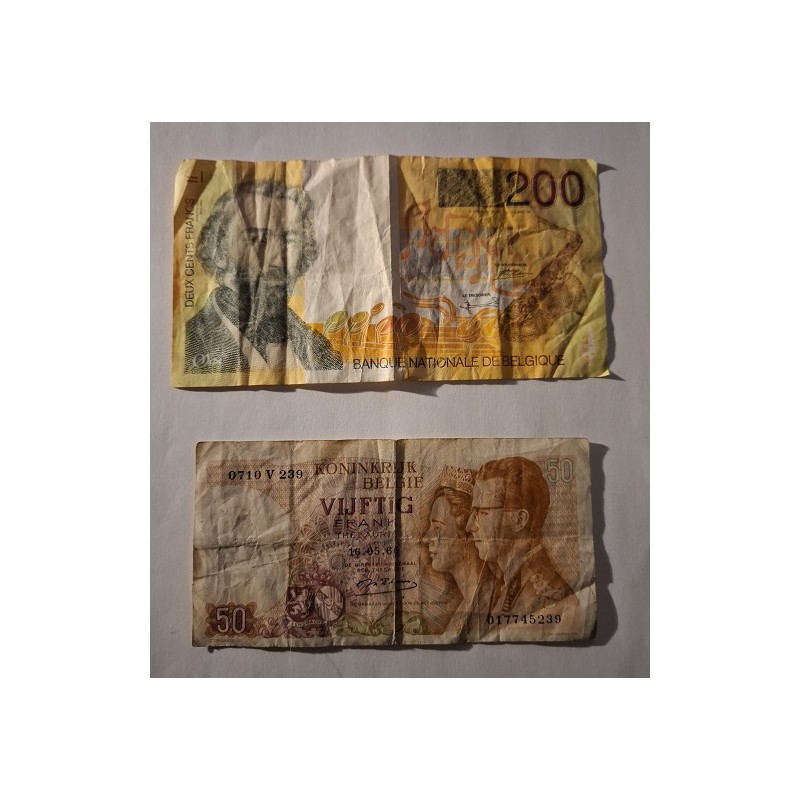 🇧🇪 Lot de 2 billets belges anciens – 50 Francs 1966 & 200 Francs Adolphe Sax (état moyen)