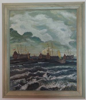 Peinture à l’huile “Compagnie des Indes” – R. Devolder (54 × 45 cm, vers 1993)