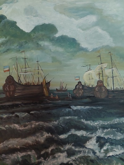 Peinture à l’huile “Compagnie des Indes” – R. Devolder (54 × 45 cm, vers 1993)