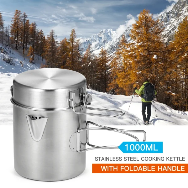 Bouilloire de cuisine en acier inoxydable 1L, Pot de Camping en plein air Portable avec poignée pliable